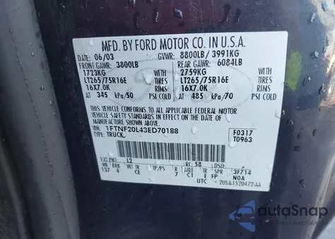 2003 Ford F-250 Xl/Xlt z USA, uszkodzony, nr VIN 1FTNF20L43ED70188